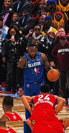 the basketball player is getting ready to hit the ball with his foot while people look on