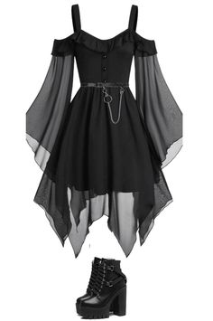 Outfit Ideas Villian, Goth Outfit Ideas Drawing, Emo Outfits Dress, Unisex Goth Fashion, Clothes For Shifting, Kpop Idols Dress, Black Emo Dress, Cool Prom Outfits, Kpop Outfits Black