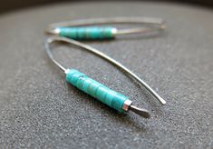 "These hypoallergenic turquoise earrings are gorgeous in natural turquoise gemstones and grey niobium wire. This nickel free jewelry is made with dark silver niobium wire which is recommended for sensitive ears. These natural turquoise stones are some of my favourites because these beautiful blue colours are getting much harder to find in this cut of stone. Hints of other colours may be seen in some stones. The lean tube cut keeps the feel of these hammered earrings modern and artisan. I have edged the turquoise with tiny geometric shiny silver hematite beads to add details to these unique earrings. These earrings are designed for regular piercings, are just under 1 1/2\" (35mm) long and will be shipped in a splurge gift tin. Please expect natural variation in the stones in each pair of ha Ring Mold, Cobalt Blue Earrings, Lapis Earrings, Lapis Lazuli Jewelry, Jasper Jewelry, Nickel Free Jewelry, Hammered Earrings, Jasper Earrings, Nickel Free Earrings