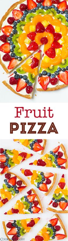 the fruit pizza is cut into pieces and ready to be eaten