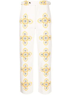 white/mustard yellow cotton floral embroidery mid-rise belted waist tabs concealed fly and button fastening two side slash pockets two rear flap pockets straight leg Trousers White, Planet People, Trouser Outfits, Fashion Diy, Straight Leg Trousers, Pants Straight, Mustard Yellow, Straight Leg Pants, Flap Pocket