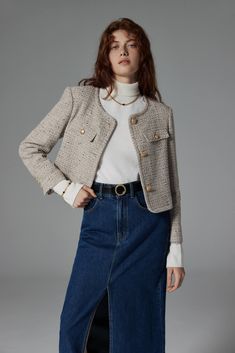 Soho Grey Tweed Jacket – Parisa New York Chanel Tweed Blazer Outfit, Cool Blazer Outfit, Formal Tweed Outfit, Grey Tweed Jacket Outfit, Seminar Outfits For Women, Cropped Tweed Jacket Outfit, Tweed Vest Outfit, Tweet Jacket Outfit, Chanel Tweed Jacket Outfit