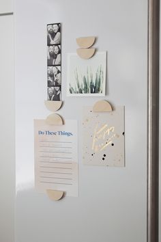 a white refrigerator with magnets and pictures on it