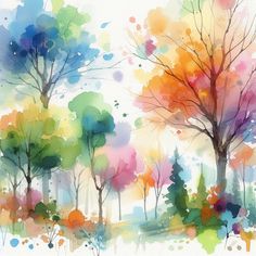 watercolor painting of trees with colorful colors