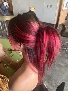 Hair Colours Ideas For Brunettes, Dyed Hair Inspiration Colorful, Hair Color Ideas Dyed, Multiple Red Hair Color, Cute Hair Colors For Dark Brown Hair, Black Hair With Red And Pink Highlights, Y2k Haircolor Ideas, Dyed Hair Back Of Head, Coloured Hair Inspiration