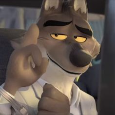 an animated wolf is sitting in the back seat of a car with his hand up to his ear