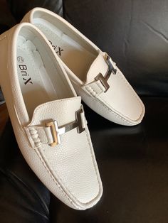 "Excellent Mens White Slip On's  Cocktail Party Shoes ! White Rubber sole Buckle front Rounded toe Man made leather, vegan leather ,vinyl  By Bri X Size 7 1/2\" Instep - 10 1/2\" Ball of foot -4 1/4\" New Vintage Condition, No wear or damages" White Dress Shoes Men, White Dress Shoes, Slip On Loafers, White Slip, Shoes White, Party Shoes, Leather Slip Ons, Slip Ons, New Vintage