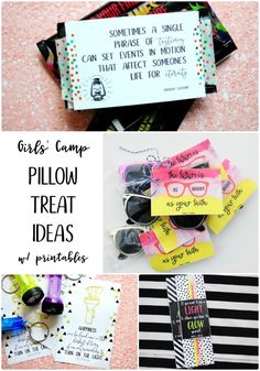 some different items that are on top of each other with the words girl camp pillow treat ideas