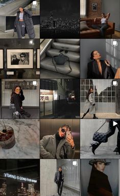 the collage shows many different images of people in black and white outfits, with one woman