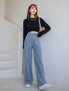 Wide Leg Jeans Summer, Women Blue Jeans, High Rise Blue Jeans, Jeans Summer, Jeans Online, Best Jeans, Shein Style, High Rise Jeans, Western Wear