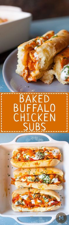 baked buffalo chicken subs on a plate and in a casserole dish with text overlay