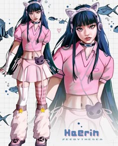 an anime character with long black hair and cat ears, wearing pink clothing while standing in front of fish