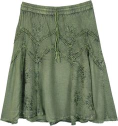 A modern take on the rodeo chic style in an urban color - seaweed green.  This stonewashed rayon skirt is perfect for a hot summer day - to spend your day in the coolness of this hue and to relax with the comfortable soft texture of the fabric. #tlb #Stonewash #Solid #WesternSkirts #kneelengthwesternskirt #Greenskirt #Rodeoskirt #Oldstyleskirt Green Lined Skirt Bottoms For Festival, Green Lined Skirt For Festival, Bohemian Washed Bottoms For Summer, Summer Bohemian Washed Bottoms, Spring Green Washed Bottoms, Fitted Green Hippie Skirt, Green Hippie Skirt For Spring, Green Hippie Skirt For Summer, Hippie Green Skirt For Spring