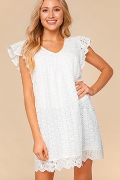 Calling all brides! This off-white, eyelet embroidered cotton dress is a must have! We love the short sleeves with ruffle details, keyhole button back, and crochet lace hem - This midi dress has it all! Add your favorite heels to complete this dressy look! Dress is fully lined Model is 5'7 and wearing a small 100% Cotton White Casual Eyelet Dress, Short Sleeve Eyelet Dress For Brunch, Eyelet Short Sleeve Dresses For Brunch, White Eyelet Dress For Brunch, White Ruffle Sleeve Dress With Lace Trim, White Casual Cap Sleeve Dress, White Cap Sleeve Casual Dress, White Cap Sleeve Summer Dress, Feminine Eyelet Dress With Short Sleeves