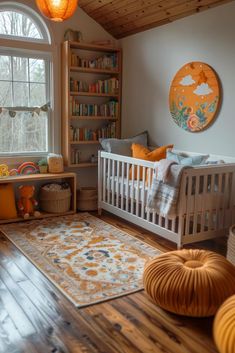 a baby's room with a crib and bookshelf