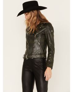 Model is 5'9 1/2" wearing a size small. Notched lapel collar with snaps. Front zip closure. Long sleeves. Genuine leather with crocodile collar. Western Style Fitted Leather Jacket For Fall, Boots For Sale, Leather Items, Mauritius, Moto Jacket, Boot Shop, Lapel Collar, Outerwear Women, Hand Warmers