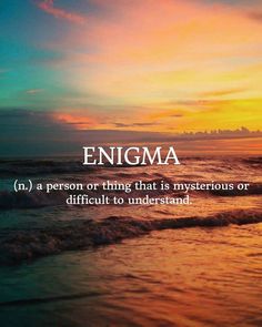 an ocean with the words enigma in front of it and a sunset behind it