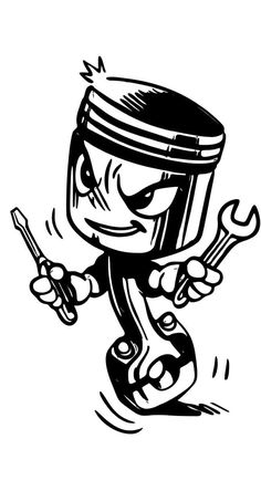 a black and white drawing of a cartoon character running with wrenches in his hand