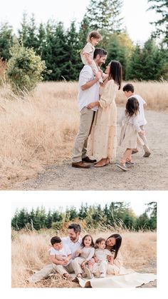 Cute outfits for the whole family and family photos in Portland Oregon Family Of 12 Photo Ideas, Meadow Family Photoshoot, Family Poses Sitting, Family Of Five Photo Ideas, Family Sunset Photoshoot, Family Of Five Photoshoot, Family Of 5 Photos, Family Of 5 Picture Ideas