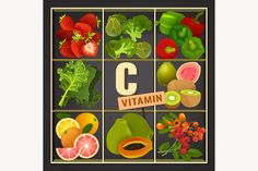 Vitamins Box Image - Illustrations - 1 Vitamin C Foods, Foods Healthy, Dark Grey Background, Colouring Page, Food Colouring, Healthy Fruits, Grey Background, Bright Colours, Image Illustration