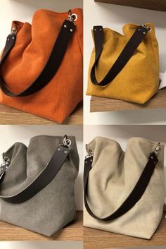 Des sacs hobo en velours côtelé et cuir pour un porté épaule ultra pratique! Léger et souple, ces sacs fourre-tout au look sportswear et aux couleurs tendances se marieront aisément avec vos tenues de saison! Réalisés dans un beau tissu velours au toucher très doux, ces sacs sont équipés d'une confortable et large anse en cuir grainé avec 2 grands mousquetons qui s'accrochent aux œillets du sac. 2 poches intérieures pour organiser votre sac! Découvrez-les dans la boutique en ligne Lesfilsdisa! Canvas Bag Design, Diy Bag Designs, Textile Bag, Diy Bags Purses, Tote Bags Sewing, Fabric Tote Bags, Handbag Outfit, Tote Bag Purse, Leather Bags Handmade