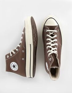 CONVERSE Chuck 70 Canvas High Top Shoes - BROWN | Tillys Brown Hightop Converse, Woman’s Shoes, Brown Shoes Womens Outfit, Vintage Shoes Aesthetic, Dark Brown Converse, Brown Converse High Tops, Snikers Shoes, Brown Converse Outfit, Converse Collab