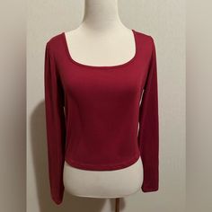 It’s A Great Basic Long-Sleeve Red Shirt That You’ll Reach For Again And Again. Dark Red Long Sleeve Shirt, Casual Fitted Long Sleeve Top, Casual Fitted Red Long Sleeve Top, Red Stretch Long Sleeve Shirt, Casual Red Long Sleeve Top For Spring, Casual Long Sleeve Burgundy Blouse, Red Crew Neck Blouse For Fall, Red Long Sleeve Top For Spring, Fitted Red Long Sleeve Tops