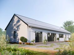 an artist's rendering of a modern barn style home with large windows and doors