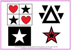 four different shapes with hearts, stars and triangles on them in the same color scheme