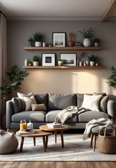 Grey Couch Living Room Coffee Table With Grey Sectional Couch, Masculine Living Room Grey Couch, Grey Couch Decor Living Room, Apartment Grey Couch, Boho Grey Living Room, Dark Grey Leather Couch Living Room, Living Room Decor Dark Grey Couch, Grey Wood Living Room, Living Room Designs Gray Couch