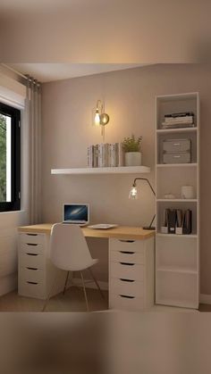 a computer desk with a laptop on it in front of a window and bookshelf