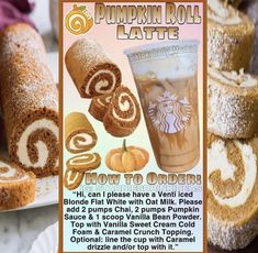 an advertisement for pumpkin roll latte on a plate with other pastries in the background