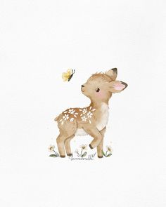 a baby deer standing in the grass with a butterfly flying by it's side