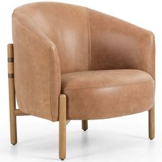 a tan leather chair with wooden legs and armrests on an isolated white background