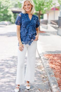 This dainty blouse is so pretty and chic! That lace overlay is so pretty and we love the classic hue! This blouse is going to look fab with white jeans or trousers for work or weekends. V-neckline Short sleeves Lace overlay No stretch Payton is wearing the small. V-neck Lace Top Blouse For Work, Blue Lace Blouse, Mint Julep Boutique, Model Fits, Lace Overlay, Lace Blouse, Blue Lace, So Pretty, Dress Accessories