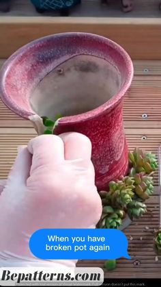 a person in white gloves is pouring something into a red pot with succulents