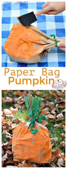 an orange paper bag with a green ribbon on it and the words paper bag pumpkin