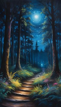 a painting of a path in the woods at night