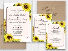 the sunflower wedding suite is shown with matching envelopes and rsp card holders