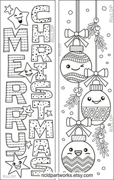 two christmas bookmarks with the words merry and ornaments hanging from each other, in black and white