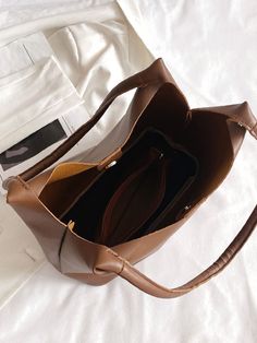 Minimalist Shoulder Tote Bag with Inner Pouch  - Women Tote Bags Square Box Bag For Everyday Use, Square Solid Color Office Bags, Brown Shoulder Bucket Bag, Rectangular Solid Color Bucket Bag For Shopping, Rectangular Shopping Bucket Bag, Solid Square Shoulder Bag With Large Capacity, Brown Solid Color Satchel Hobo Bag, Casual Brown Bucket Bag With Solid Color, Solid Color Shoulder Box Bag For Everyday Use