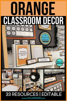 an orange classroom decor project with pictures and words on the front, in black and white