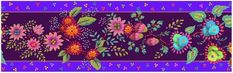 a purple background with colorful flowers and leaves on the bottom, along with blue border