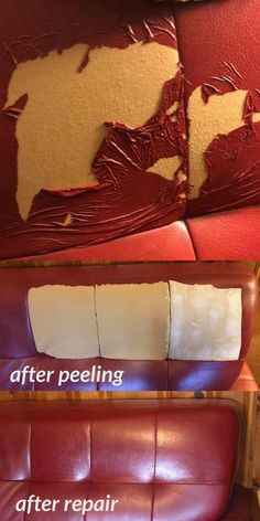 the before and after pictures of leather upholstering on a couch in a living room