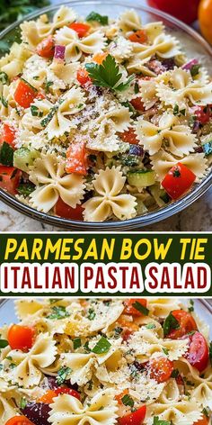 two bowls filled with pasta and vegetables next to each other