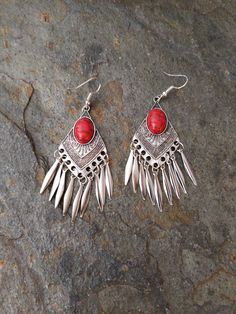 Fringe Earrings, Southwestern / Bohemian style Earrings. Red Bohemian Chandelier Earrings Nickel-free, Red Bohemian Nickel-free Chandelier Earrings, Bohemian Red Nickel-free Chandelier Earrings, Red Bohemian Chandelier Earrings, Bohemian Red Chandelier Earrings, Red Bohemian Chandelier Earrings For Pierced Ears, Red Bohemian Dangle Earrings, Bohemian Red Dangle Earrings, Red Bohemian Metal Chandelier Earrings