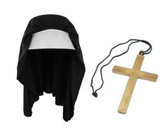 Womens Nun Costume Accessory Kit BRAND NEW Nun hat and monk cross kit Gold Monk Cross Necklace -5"x9" gold pvc -cross on a black rope necklace Nun Headpiece -Made of cotton and polyester -ONE SIZE fits most up to XL with elastic band -Brim measures 4 inches wide.Flap measures 33 inches wide and 21 inches long -Thin and soft material -Hand wash only For Ages 14 and Older *Cross could contain slight manufacture scuffs and scratches Product Details Brand Nicky Bigs Novelties Color black/gold Size O Nun Headpiece, Black Rope Necklace, Nun Costume, Vacation Bag, Black Rope, Rope Necklace, Costume Accessories, Soft Material, Elastic Band