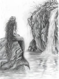 a drawing of a mermaid sitting on top of a rock next to a body of water