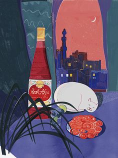 a painting of a cat sleeping next to a bottle of ketchup on a table