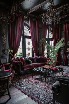 a living room filled with furniture and a chandelier hanging from the ceiling next to a window